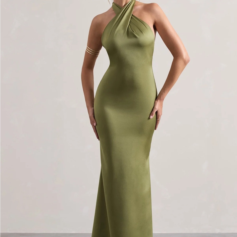 Club L London Olive Green Satin Halter Dress